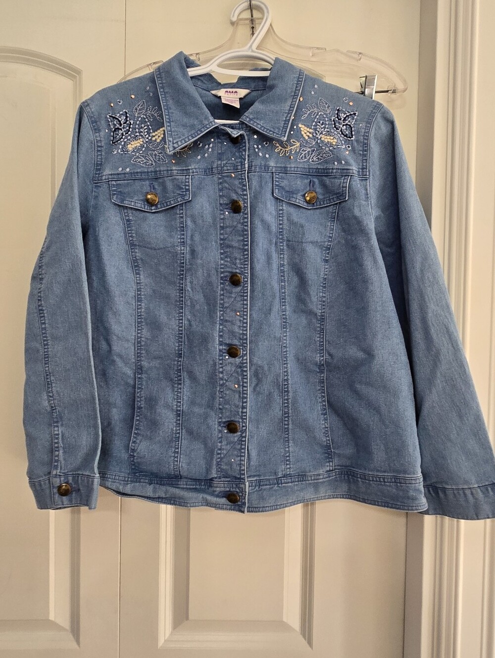 Alia Women's Petite Light Blue Embroidered & Sequin Denim Jacket